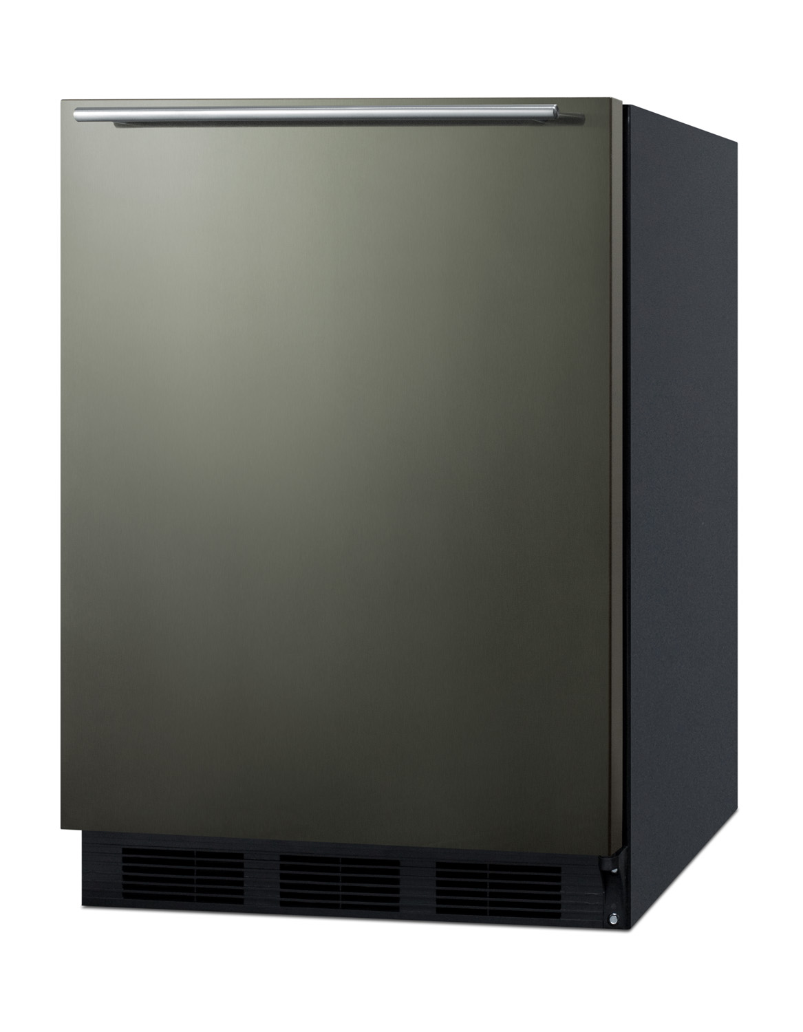 Built-in undercounter refrigerator-freezer for residential use, cycle defrost with black stainless steel wrapped door, horizontal handle, and black cabinet